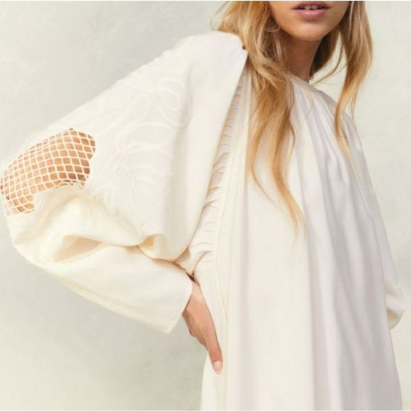 H&M NEW BEIGE SHORT VOLUMINOUS DRESS W MESH SLE - Picture 2 of 7